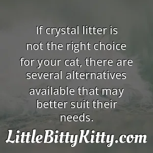 If crystal litter is not the right choice for your cat, there are several alternatives available that may better suit their needs.