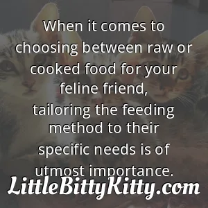 When it comes to choosing between raw or cooked food for your feline friend, tailoring the feeding method to their specific needs is of utmost importance.