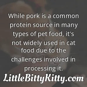 While pork is a common protein source in many types of pet food, it's not widely used in cat food due to the challenges involved in processing it.
