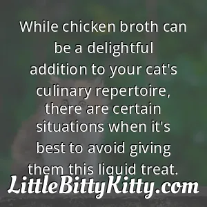 While chicken broth can be a delightful addition to your cat's culinary repertoire, there are certain situations when it's best to avoid giving them this liquid treat.